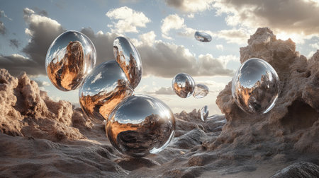 Explore the captivating scene of reflective spheres in a surreal landscape, set against a vibrant sunset. This image showcases the interplay of light and texture.の素材