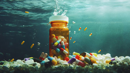 A vibrant assortment of pills and a prescription bottle float underwater, creating a visually striking scene that symbolizes health and medication.の素材