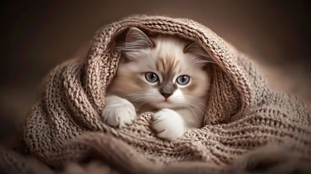 This cute kitten snuggles in a cozy knit blanket, showcasing its adorable face and calm expression. Perfect for pet lovers seeking warmth and comfort.の素材