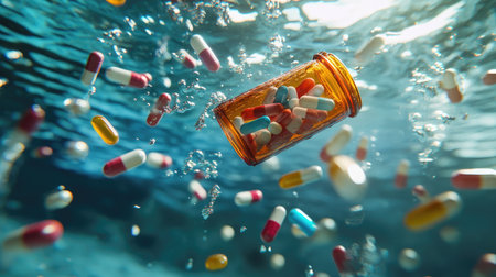 An artistic representation of colorful pills and capsules floating in water, creating a serene and captivating underwater scene. The image captures the essence of health, wellness, and pharmaceutical care.の素材