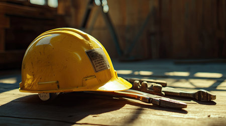 A bright yellow hard hat rests alongside various tools on a wooden floor at a construction site. Safety and craftsmanship blend in this work setting.の素材