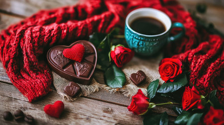 A cozy arrangement featuring a heart-shaped chocolate, fresh roses, and a warm coffee cup. Perfect for romantic celebrations or intimate gatherings.の素材