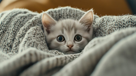 A fluffy kitten peeks out from a cozy knitted blanket, showcasing its cute expression and large eyes. This heartwarming image captures comfort and innocence.の素材