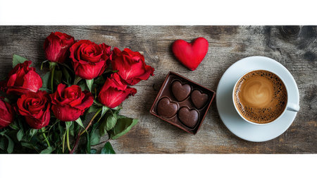 A beautiful arrangement featuring red roses, heart-shaped chocolates, and coffee, capturing the essence of romance and love in a cozy setting.の素材