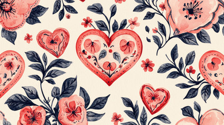 This charming floral pattern features heart shapes intertwined with delicate flowers and leaves, creating a romantic and cheerful design perfect for various creative projects.の素材