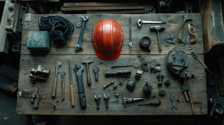 An array of industrial tools meticulously arranged on a rustic wooden table. The image showcases a red helmet, various hand tools, and safety equipment essential for any workshop or construction site.の素材