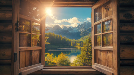 A stunning view from a cozy cabin window showcasing majestic mountains reflected in a serene lake, illuminated by the warm glow of sunrise.の素材