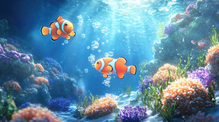 A stunning underwater scene showcasing vibrant fish swimming amidst colorful coral. Sunlight filters through the crystal-clear water, creating a serene atmosphere.の素材