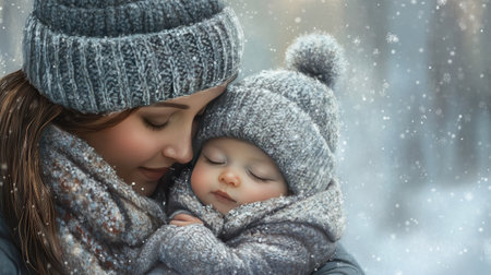 A touching scene depicting a mother and baby sharing a moment of warmth amid falling snow. Their cozy winter attire highlights the love and joy in a serene outdoor setting.の素材