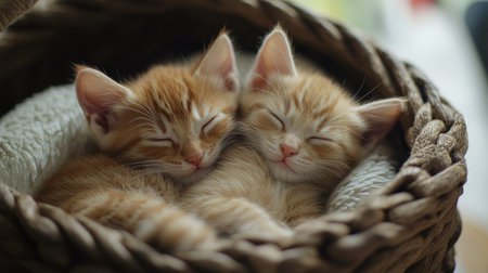 Two fluffy orange kittens snuggle closely together, peacefully sleeping in a cozy woven basket, radiating warmth and tranquility. Their adorable presence brings joy and charm to any space.の素材