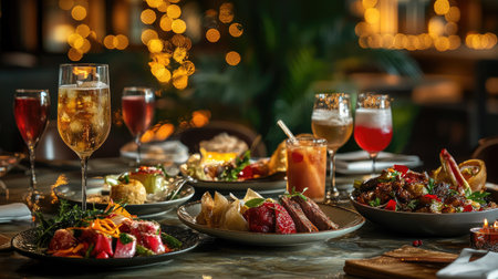A captivating dining setup showcasing an array of gourmet dishes and refreshing drinks, perfect for celebrations, gatherings, and luxurious dining experiences.の素材