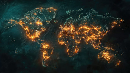 Stunning global map showcasing illuminated points representing urban centers and complex networks, emphasizing the connectivity of our modern world.の素材