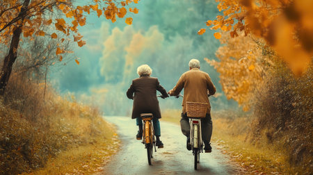 An elderly couple enjoys a picturesque bike ride through an autumn landscape. Surrounded by colorful leaves and soft light, they embody togetherness and joy.の素材