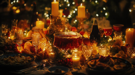 A beautifully arranged festive dining table displaying drinks, delicious treats, and glowing candles, creating a cozy holiday atmosphere for gatherings.の素材