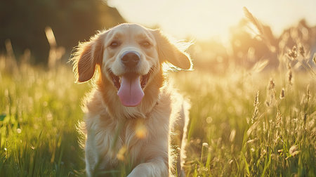A joyful golden retriever runs through a sunlit grassy field, showcasing its playful spirit and vibrant energy. Perfect for animal lovers and nature enthusiasts.の素材