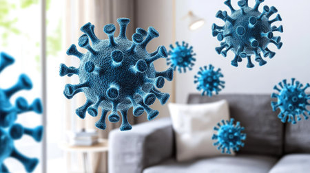 Abstract representation of a virus model floating in a stylish living room. The image highlights the impact of infection on modern indoor spaces.の素材