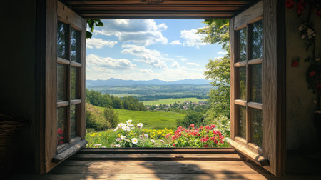 A stunning landscape view from an open window showcases vibrant flowers and rolling hills under a blue sky, creating a serene escape into nature.の素材