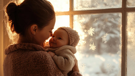 A heartwarming moment capturing a mother holding her baby by a frosted window, illuminated by soft sunlight, evoking feelings of warmth and love during winter.の素材
