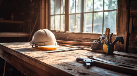 A well-lit construction workspace featuring a hard hat and various tools on a wooden table, showcasing a hands-on environment for craftsmanship and renovation projects.の素材