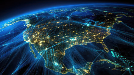 A stunning night aerial view of North America showcasing vibrant city lights interconnected by glowing digital lines, symbolizing technology and communication.の素材