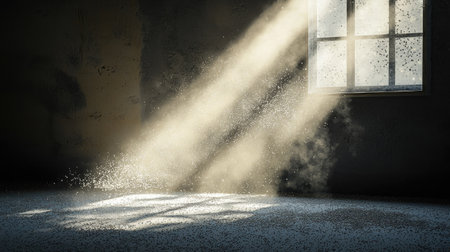 Soft light beams pour through a dusty window, creating an enchanting atmosphere filled with floating particles, perfect for evoking feelings of serenity and calm.の素材
