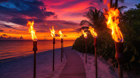 A stunning tropical sunset illuminates the sky with vibrant colors, while flaming tiki torches line a serene sandy beach pathway, creating a peaceful atmosphere.の素材