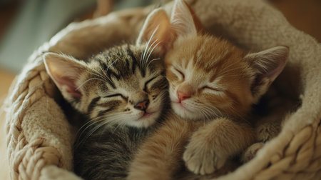 Two adorable kittens, one tabby and one orange, peacefully sleep in a cozy woven basket. Their soft fur and gentle expressions evoke warmth and tranquility.の素材