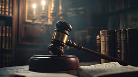 A classic wooden gavel rests on a polished table in a vintage law library. The warm ambiance creates a sense of authority and wisdom surrounding the legal profession.の素材