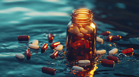 A glass jar filled with colorful pills floats serenely on a tranquil water surface, creating a mesmerizing and thought-provoking scene that evokes themes of health and wellness.の素材