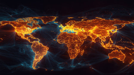 A stunning representation of a world map glowing with vibrant lights, showcasing intricate networks and connections across continents, emphasizing global interconnectivity.の素材
