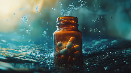 A captivating close-up image of a glass jar filled with colorful capsules submerged in water, creating a tranquil and refreshing scene with floating bubbles.の素材