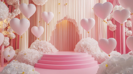 A whimsical setting featuring heart-shaped balloons and floral decorations, perfect for romantic events and celebrations. Soft pink tones create a dreamy atmosphere.の素材