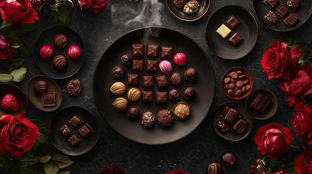 A stunning arrangement of assorted chocolates on a black plate, surrounded by vibrant red roses and a hint of smoky aroma, perfect for romantic occasions.の素材