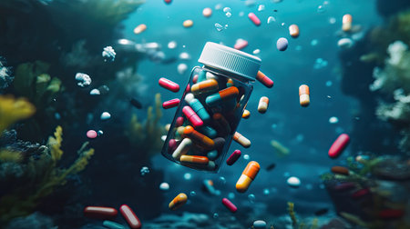 Vibrant capsules and pills float gracefully in the deep blue water, encapsulating a blend of health and tranquility. This unique underwater scene captures a creative perspective on medicine and wellness in a serene aquatic environment.の素材