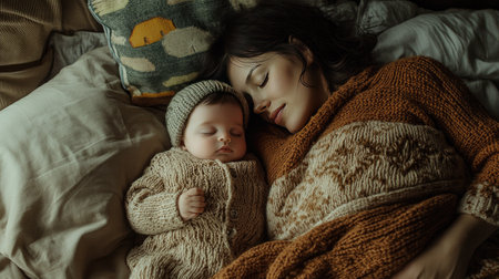 A heartwarming scene of a mother and her baby peacefully sleeping together in a cozy bed. The warm atmosphere captures their deep bond and tranquility.の素材