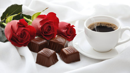 A cozy arrangement featuring freshly brewed coffee, decadent chocolate treats, and vibrant red roses. Perfect for romantic occasions or thoughtful gifts.の素材
