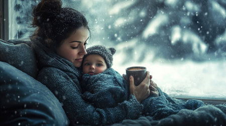 A heartwarming scene of a mother embracing her baby indoors during a snowstorm. The snowflakes fall outside the window, creating a serene atmosphere filled with love and warmth.の素材