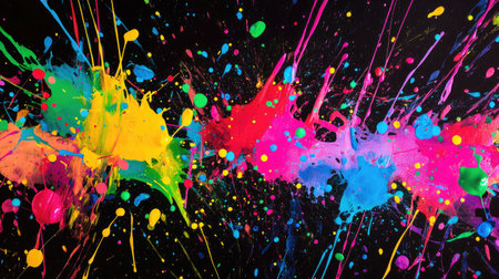 This image features an explosion of vibrant paint splashes in a range of colors on a black background, creating a striking and dynamic visual effect.の素材