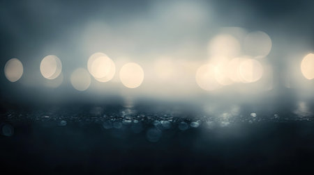 This ethereal image captures dreamy bokeh lights reflecting on a wet surface, creating a tranquil atmosphere. Ideal for themes of solitude and beauty.の素材