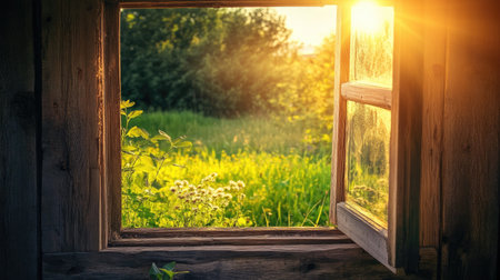 An enchanting view of an open wooden window reveals a lush green field illuminated by warm sunlight, creating a peaceful and serene atmosphere ideal for nature lovers.の素材