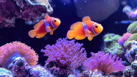 Two clownfish swim gracefully in a vibrant coral environment, showcasing colorful marine life. Breathtaking underwater scene reveals the beauty of the ocean ecosystem.の素材