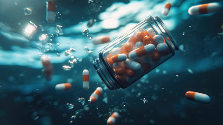 Vibrant capsules float gracefully in a serene underwater scene. Light rays penetrate the water, creating a calming ambiance as bubbles rise around a transparent bottle.の素材