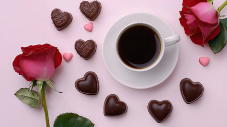 This romantic setup features a cup of black coffee surrounded by heart-shaped chocolates and beautiful roses, perfect for love-themed occasions.の素材