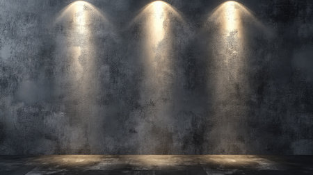 An underground industrial wall featuring three bright spotlights. This dramatic setting is perfect for artistic displays, exhibitions, or unique photography projects.の素材