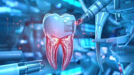A futuristic representation of a tooth integrated with advanced technology, showcasing digital innovation in a modern dental clinic environment for enhanced treatment options.の素材