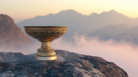 This image features an ornate golden bowl resting on rocky terrain, with a soft mist and mountains in the background, evoking a sense of serenity and luxury.の素材