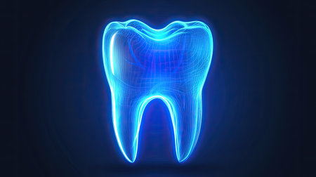This striking 3D model of a glowing blue tooth showcases a wireframe design, symbolizing health and hygiene. Ideal for dental and healthcare themes.の素材