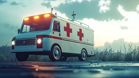 A vintage red cross ambulance illuminated by emergency lights stands in a serene landscape at dusk, surrounded by soft clouds, evoking a sense of nostalgia and readiness for emergency response.の素材