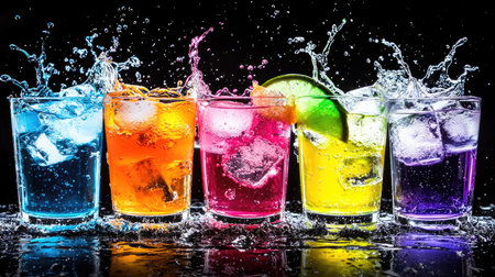 A striking collection of colorful drinks in glasses filled with ice, showcasing vibrant splashes of water, perfect for summer gatherings or party themes.の素材