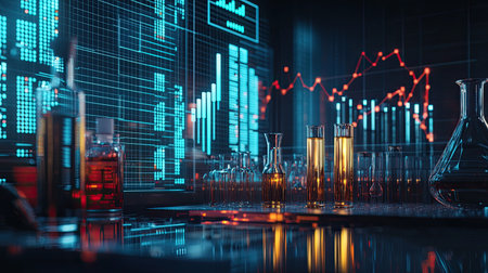 A detailed laboratory scene showcasing colorful chemicals in glassware with digital data visualizations, representing a fusion of science and technology.の素材